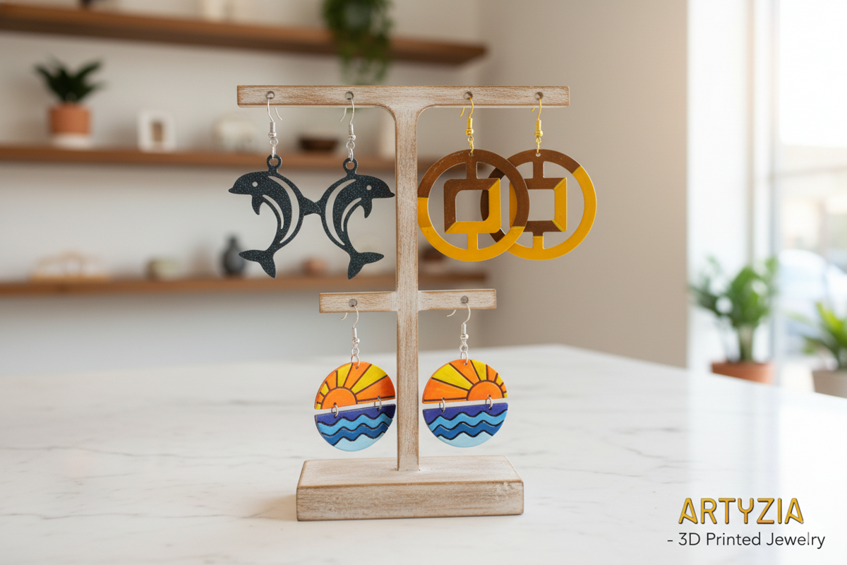 Illustration for a 3D printed jewelry project, in a retro Atari box art style.